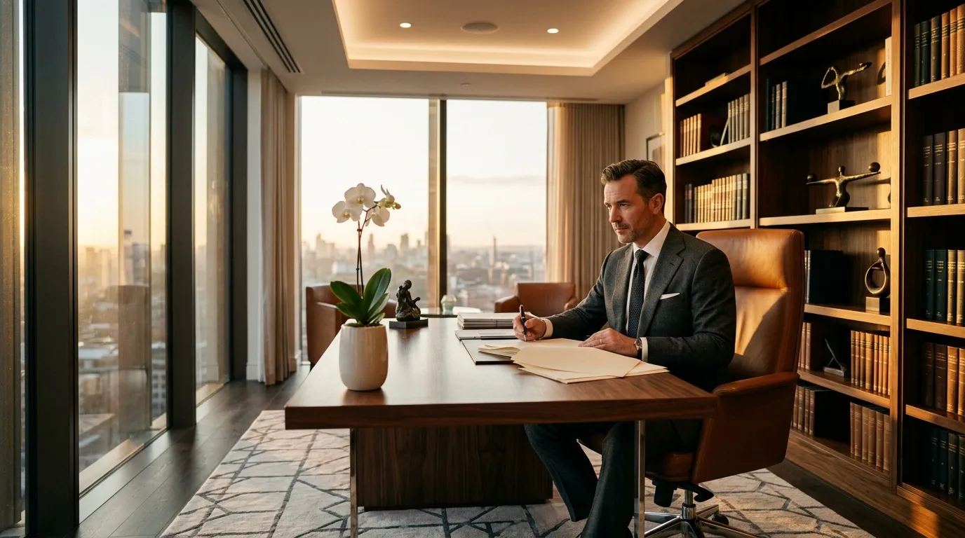 Homme en costume travaillant à son bureau avec vue panoramique sur la ville