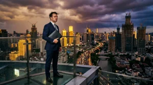 Businessman en costume sur toit surplombant skyline urbain