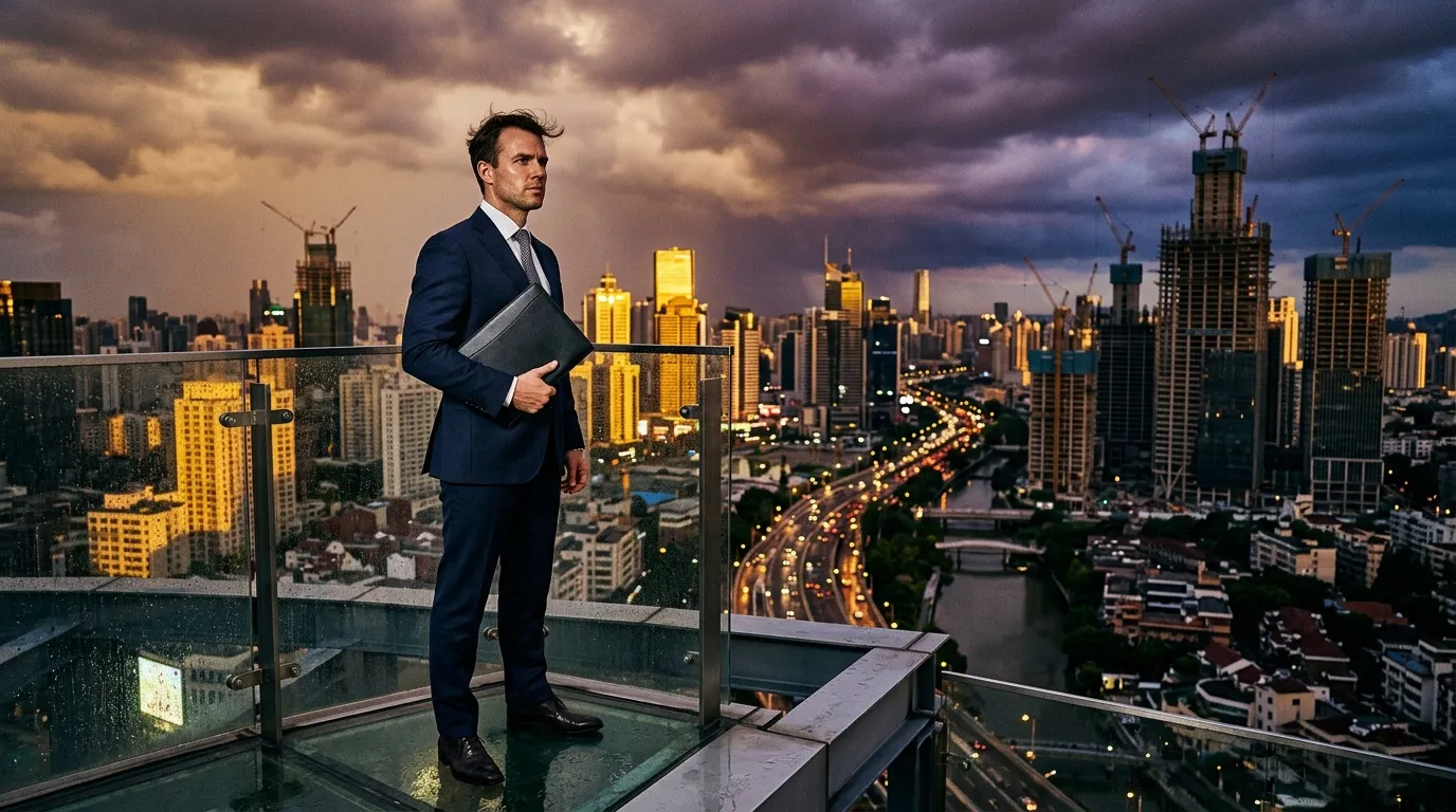 Businessman en costume sur toit surplombant skyline urbain