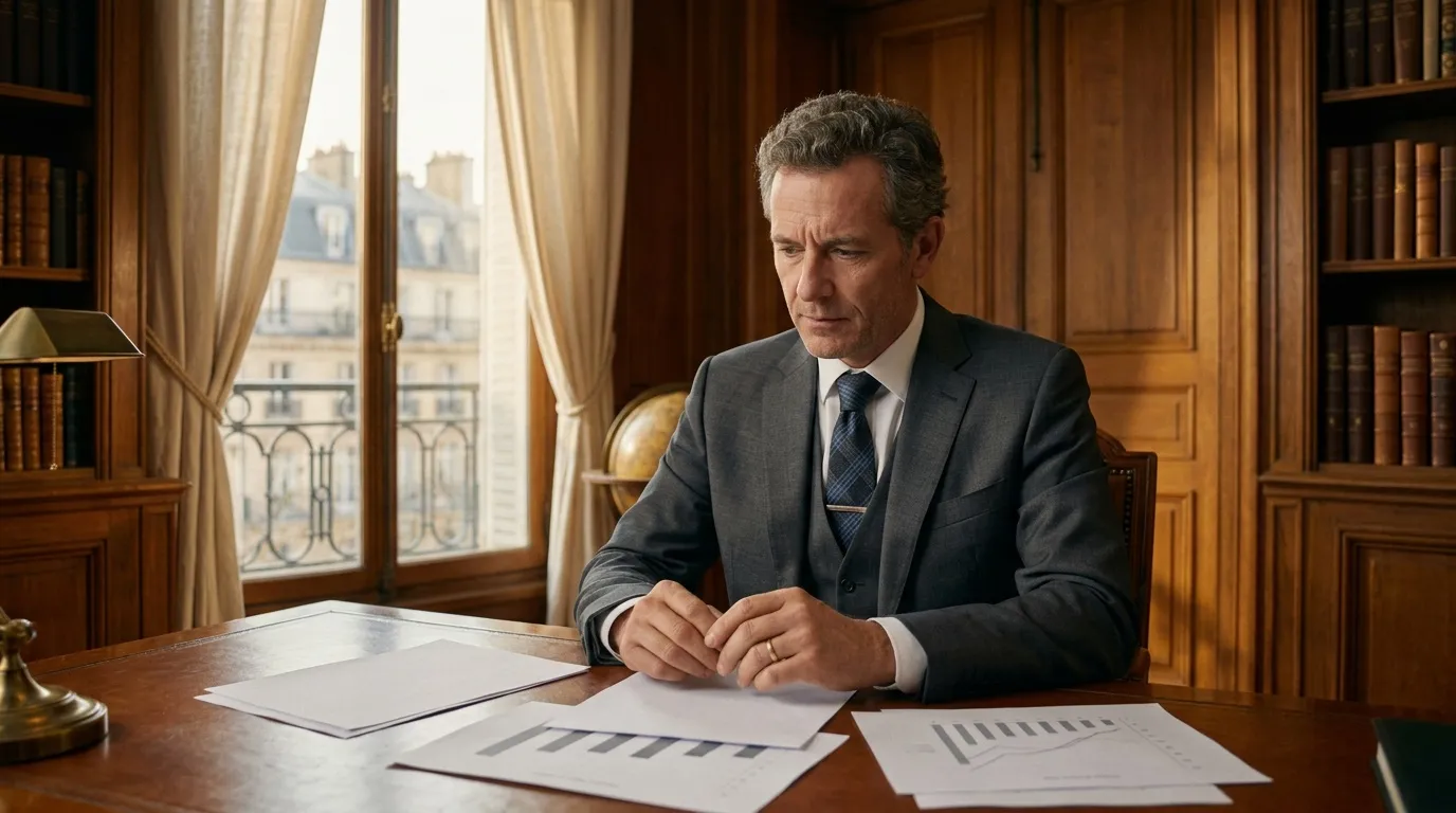 Homme en costume gris examinant des rapports financiers à son bureau