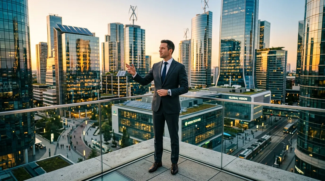 Homme en costume sur terrasse dominant skyline urbain doré