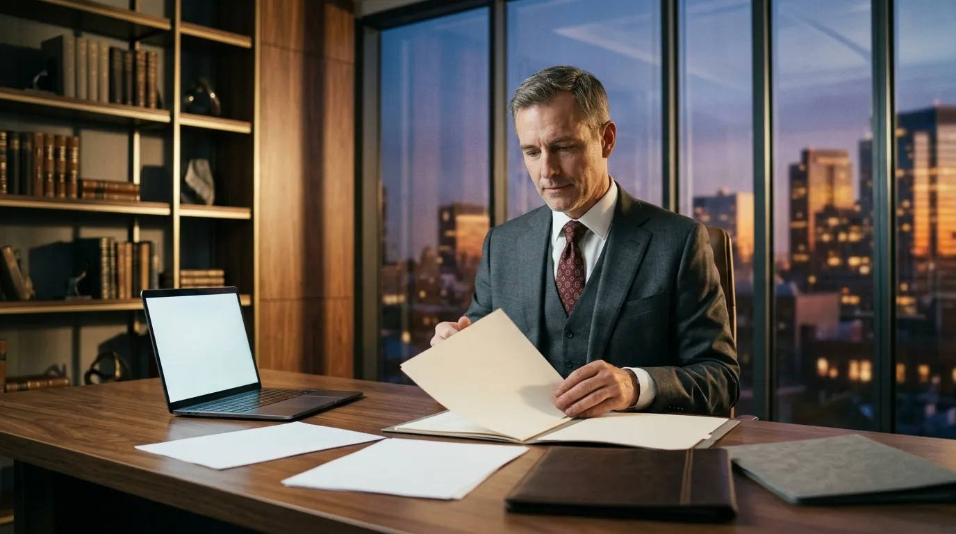 Businessman examining documents at desk, city view