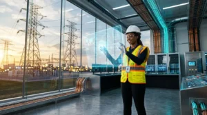 Femme ingénieure en gilet de sécurité supervisonne centrale électrique