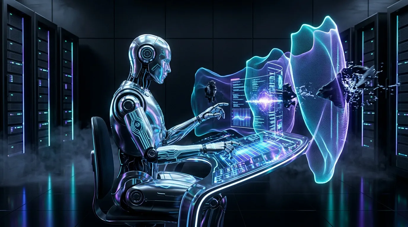 Robot futuriste interagissant avec interface holographique en datacenter