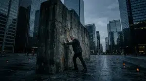 Homme en costume pousse un mur de béton en ville