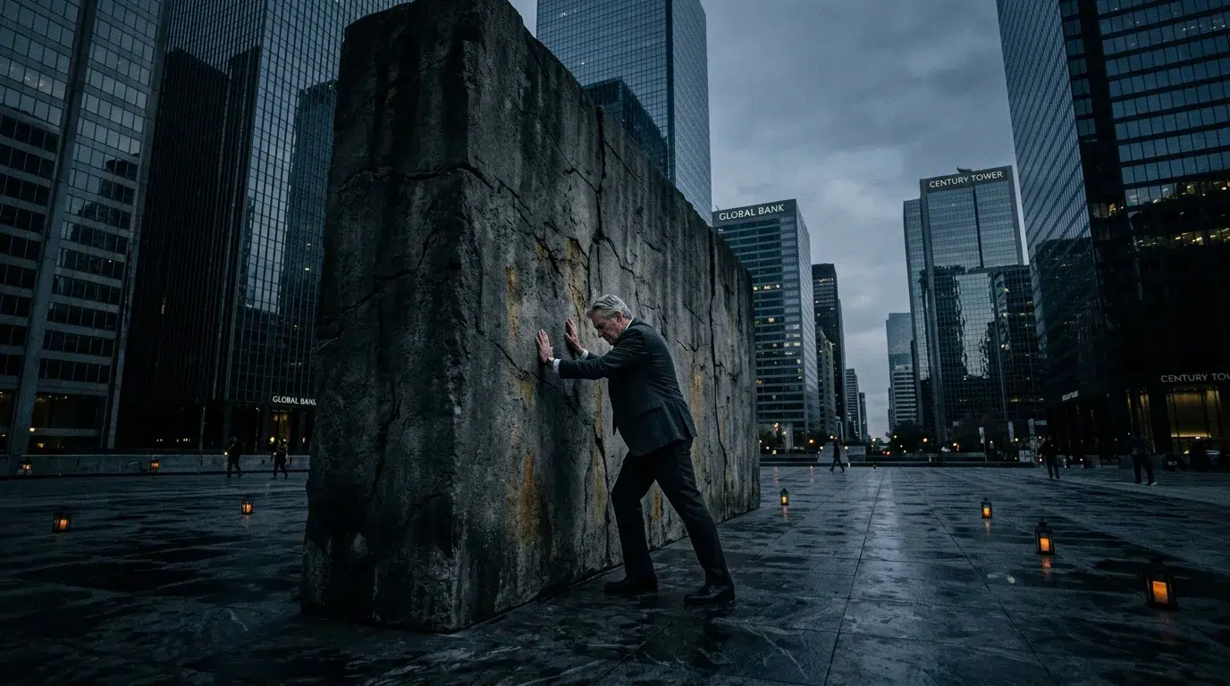 Homme en costume pousse un mur de béton en ville