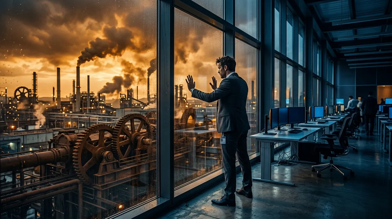 Homme en costume observant usine polluante depuis bureau moderne