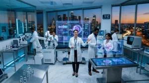 Équipe médicale dans un laboratoire high-tech avec hologrammes et robots