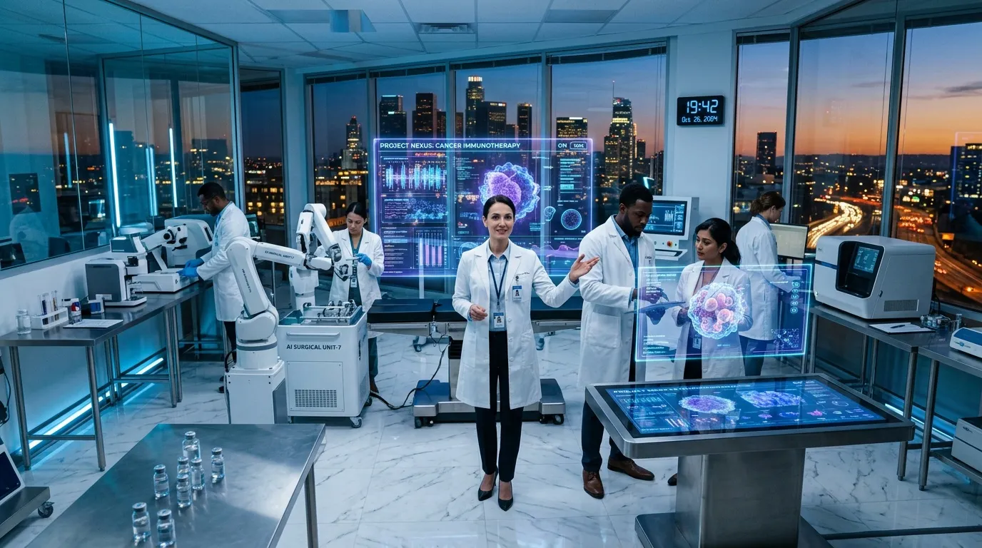 Équipe médicale dans un laboratoire high-tech avec hologrammes et robots