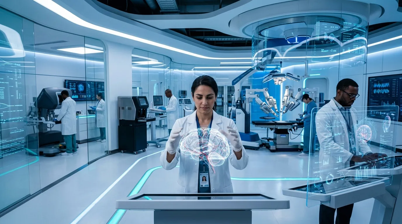 Médecin hologramme cerveau laboratoire médical futuriste