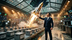Homme d'affaires regardant une fusée décollant en bourse