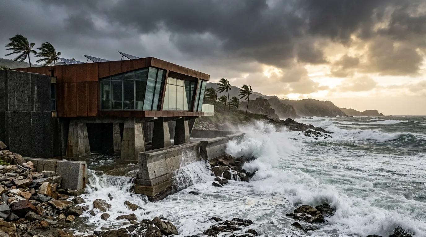 Maison contemporaine sur pilotis face aux vagues tempétueuses et ciel orageux