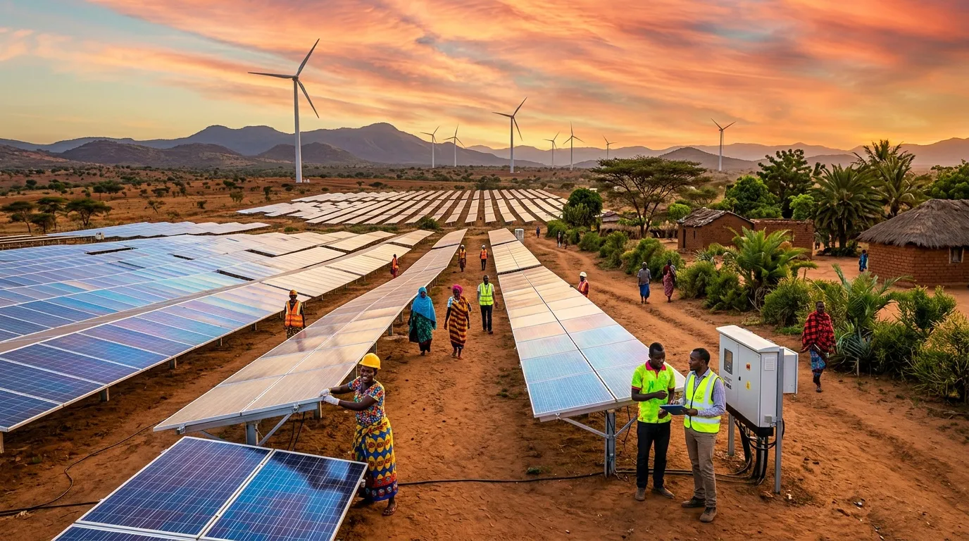 Panneaux solaires et éoliennes dans village africain au coucher soleil