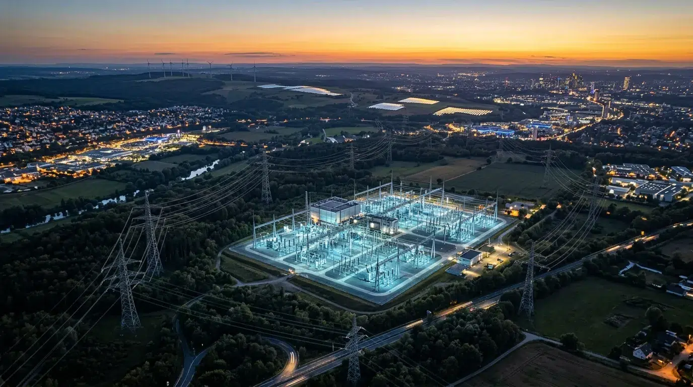 Station électrique illuminée la nuit avec tours pylônes