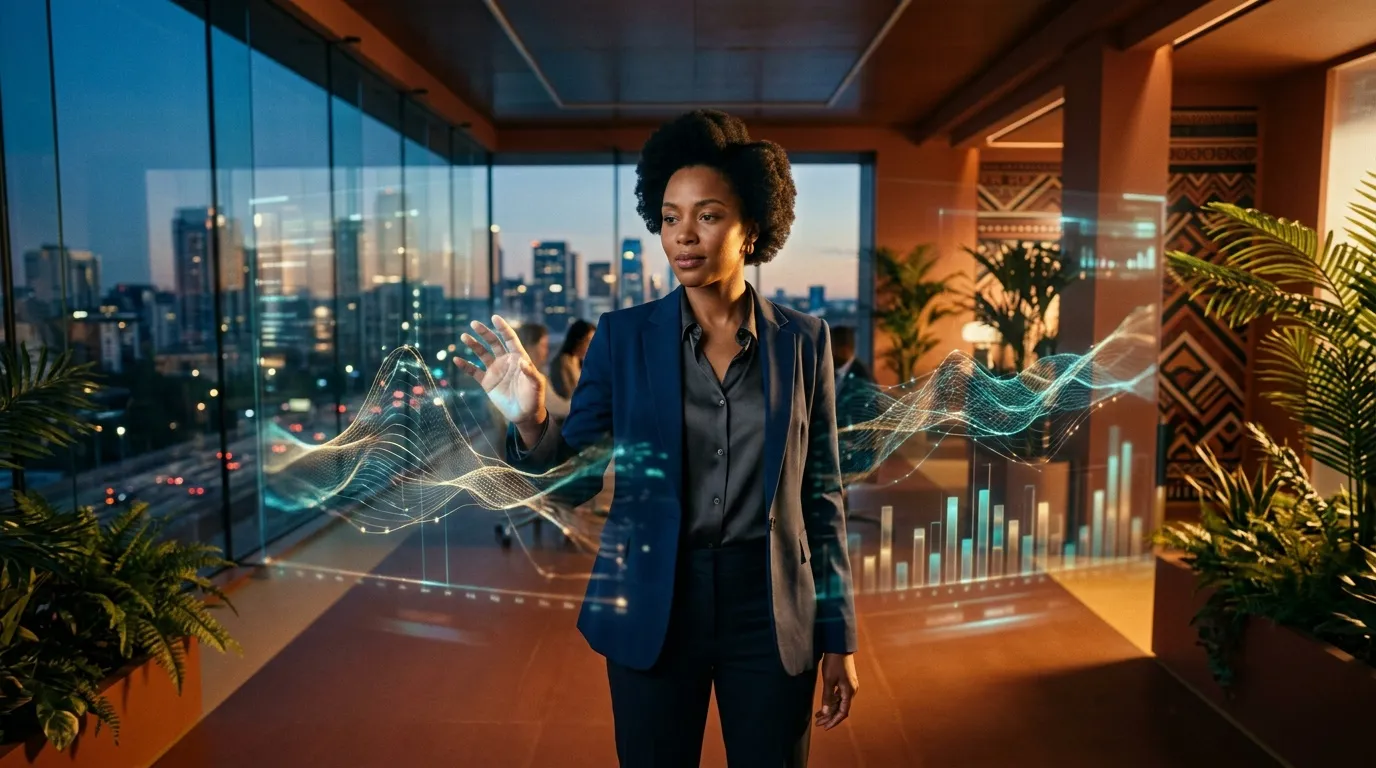 Femme d'affaires présentant des graphiques numériques holographiques