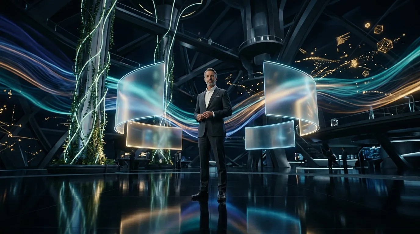 Homme en costume présente dans un espace futuriste avec écrans lumineux