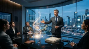 Homme d'affaires présente hologramme IA à des collègues en réunion
