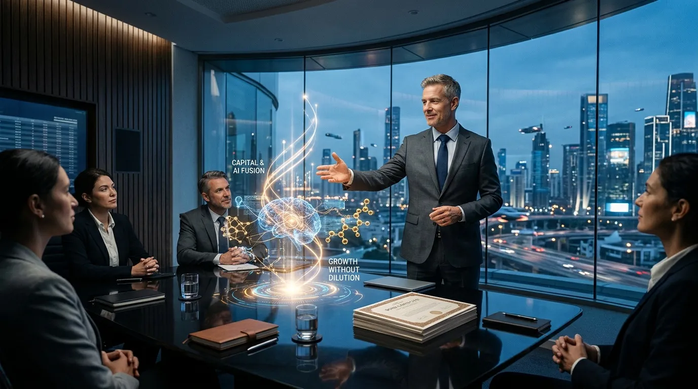 Homme d'affaires présente hologramme IA à des collègues en réunion