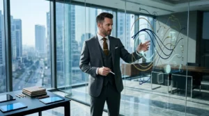 Homme en costume présentant un schéma digital sur vitre