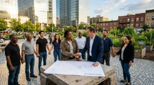 Groupe de personnes signant un plan de projet urbain communautaire