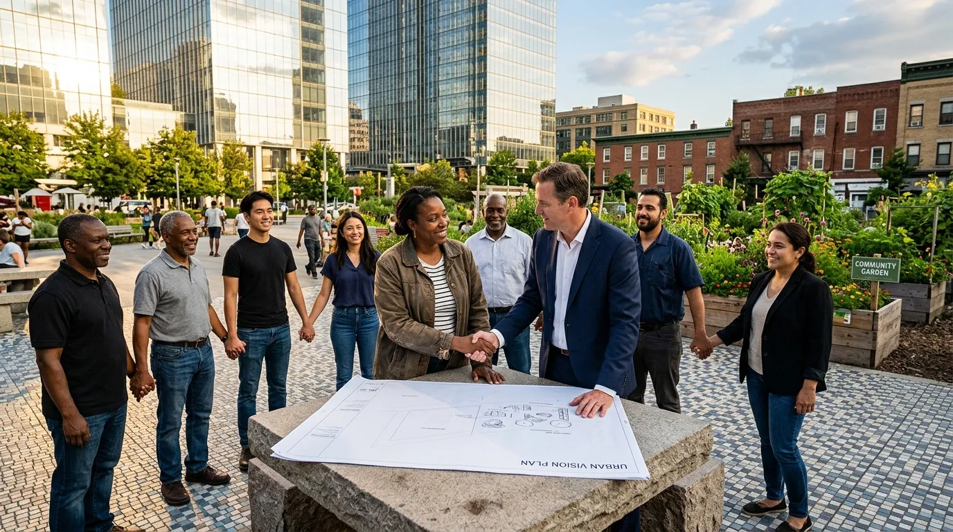 Groupe de personnes signant un plan de projet urbain communautaire