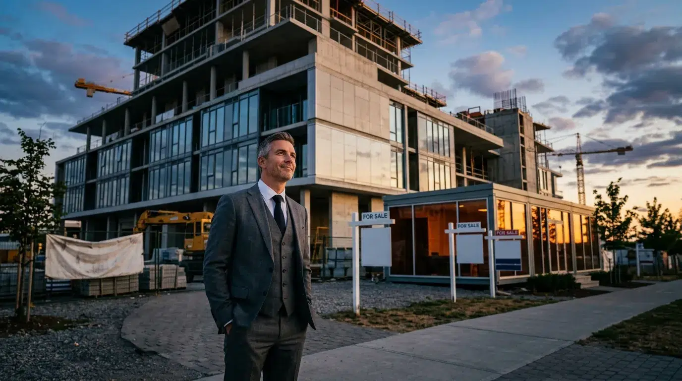 Homme d'affaires en costume devant immeuble moderne en construction