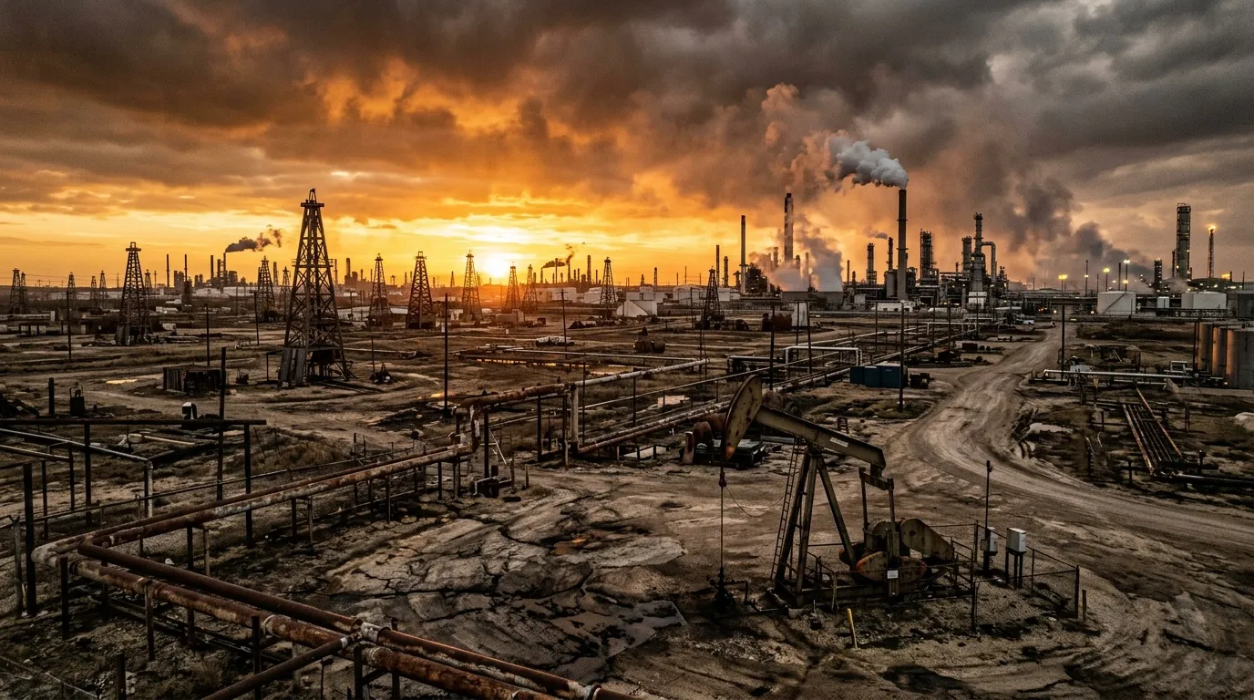 Champ pétrolier industriel avec derricks et usine de raffinage polluante