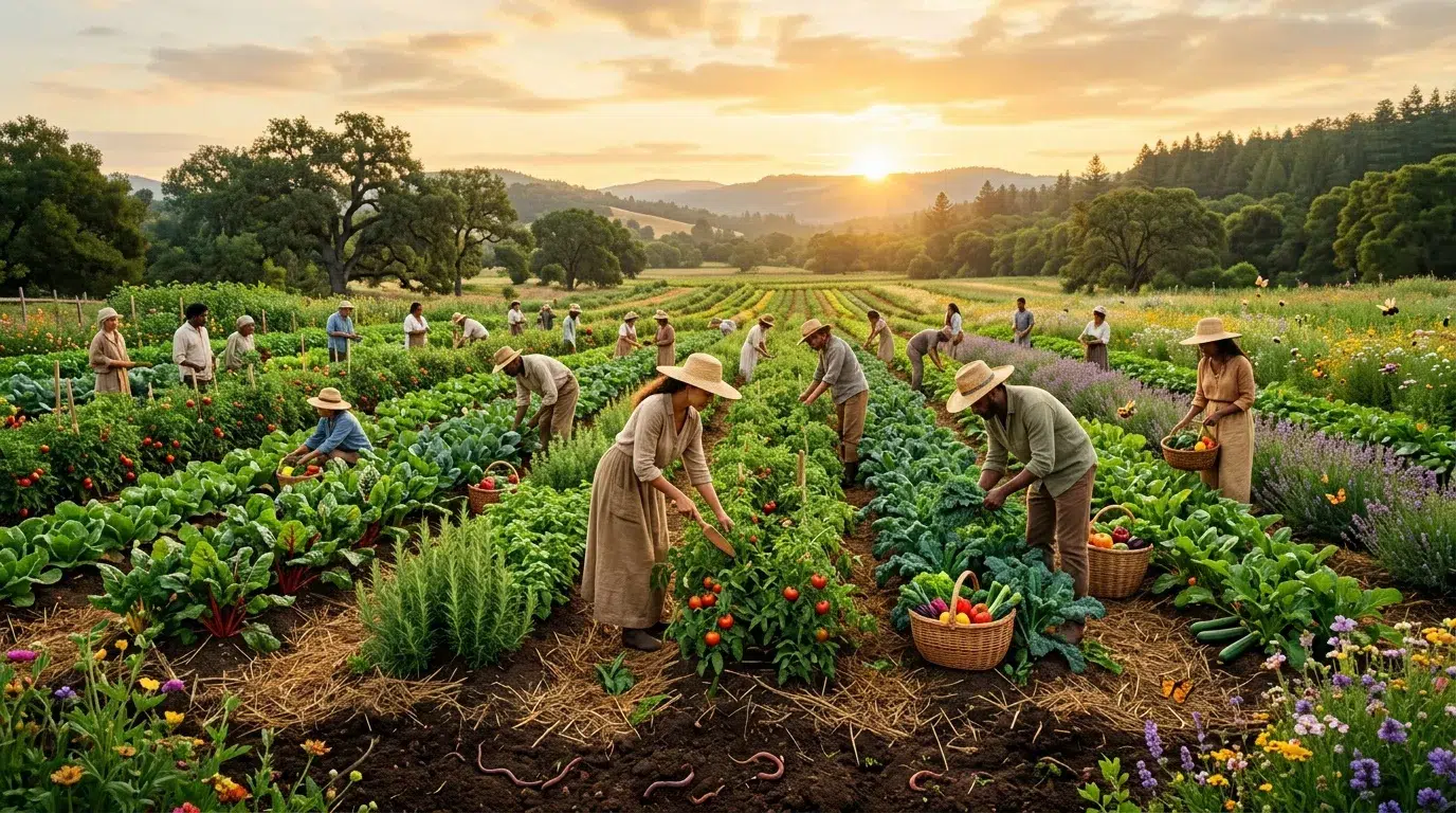 Agriculteurs récoltant des légumes au coucher de soleil