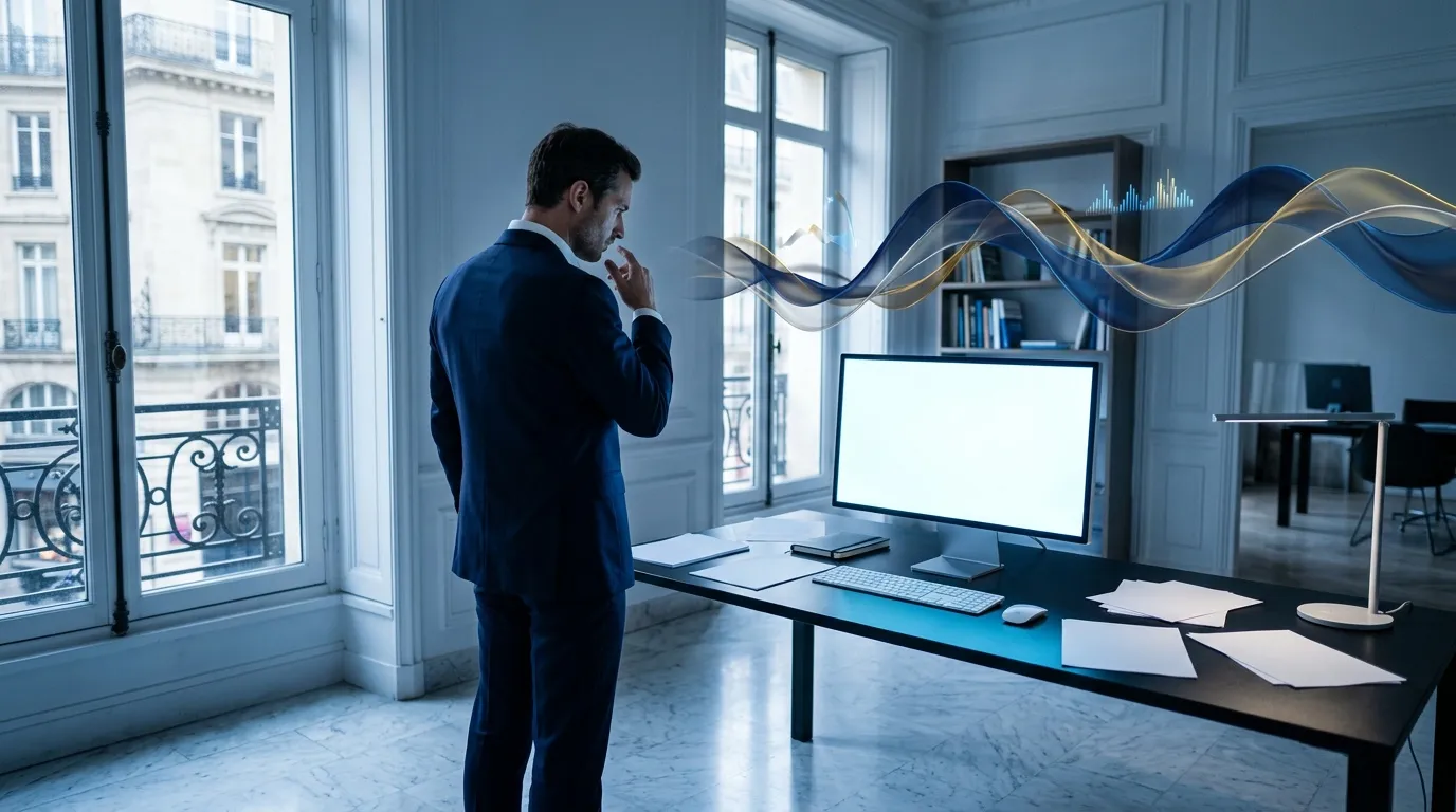 Homme d'affaires pensif devant un écran blanc, bureau contemporain