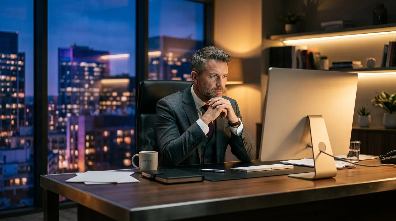 Homme d'affaires pensif à son bureau, ville illuminée la nuit