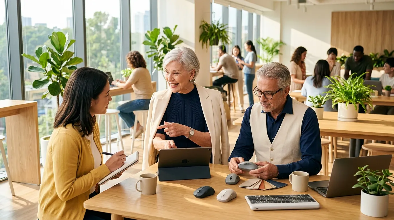 Trois professionnels discutent autour d'une table avec tablette et ordinateurs