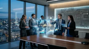 Équipe professionnelle discutant autour d'hologrammes de données numériques