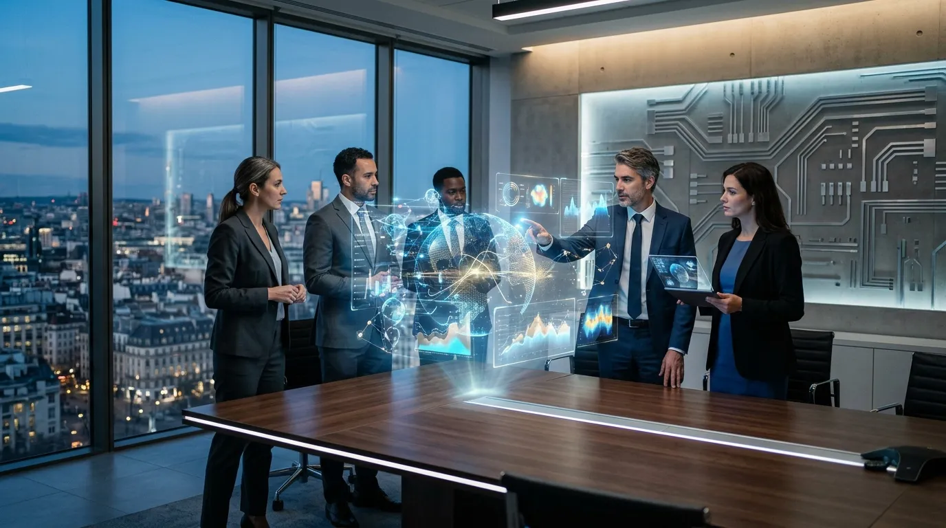 Équipe professionnelle discutant autour d'hologrammes de données numériques