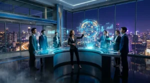 Équipe professionnelle discutant autour hologramme intelligence artificielle