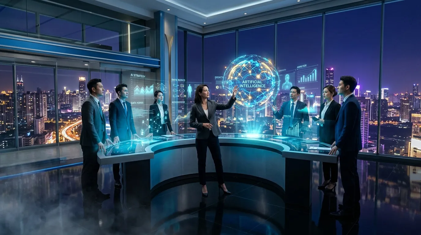 Équipe professionnelle discutant autour hologramme intelligence artificielle