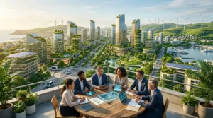 Équipe professionnelle discutant plans urbanisme écologique futuriste