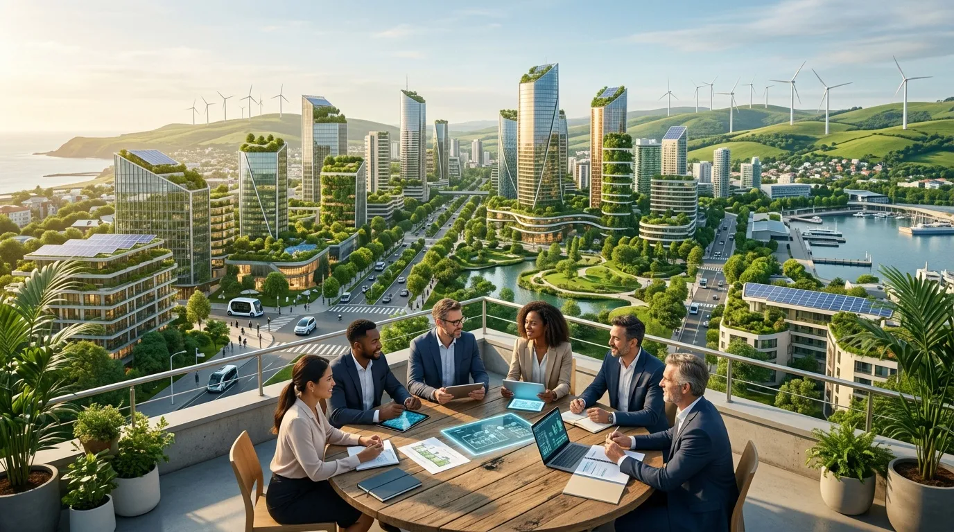 Équipe professionnelle discutant plans urbanisme écologique futuriste