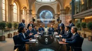 Professionnels en réunion dans salle moderne avec globe digital