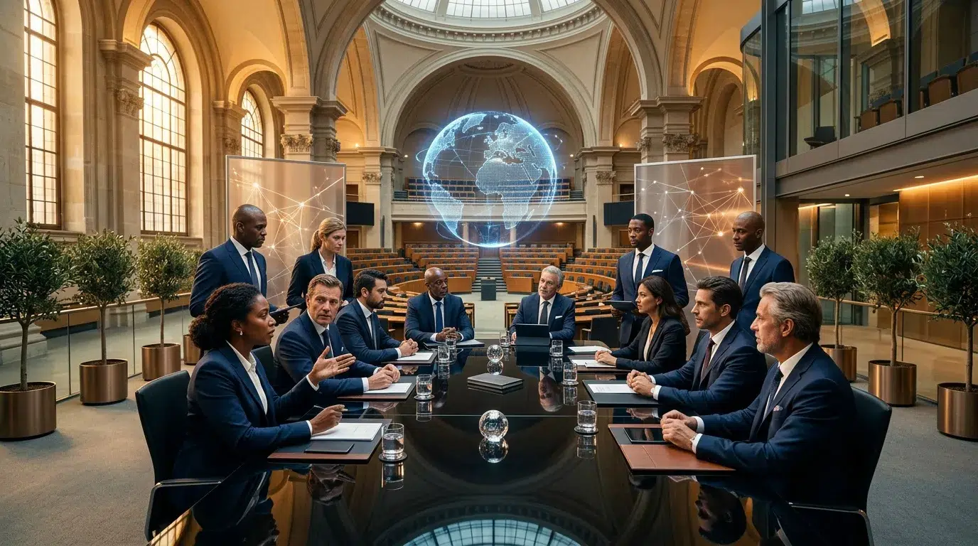 Professionnels en réunion dans salle moderne avec globe digital