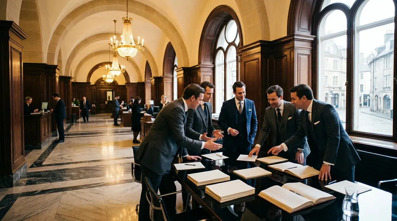 Cinq hommes d'affaires consultent des documents dans un corridor néoclassique.