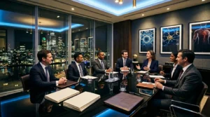 Sept cadres en costume discutent autour d'une table de réunion