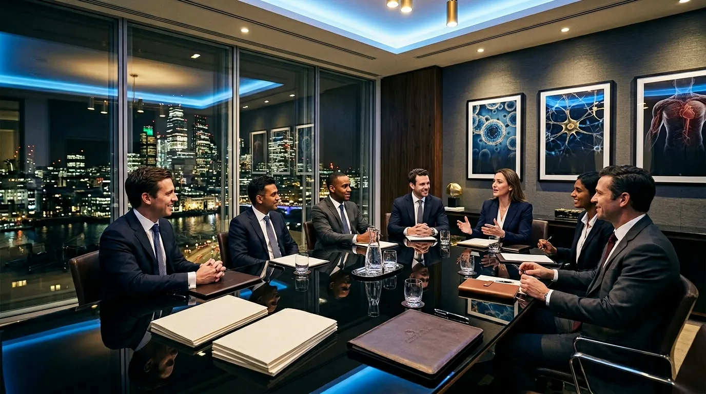 Sept cadres en costume discutent autour d'une table de réunion