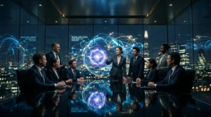 Équipe professionnelle discutant autour d'une projection holographique de réseau neural
