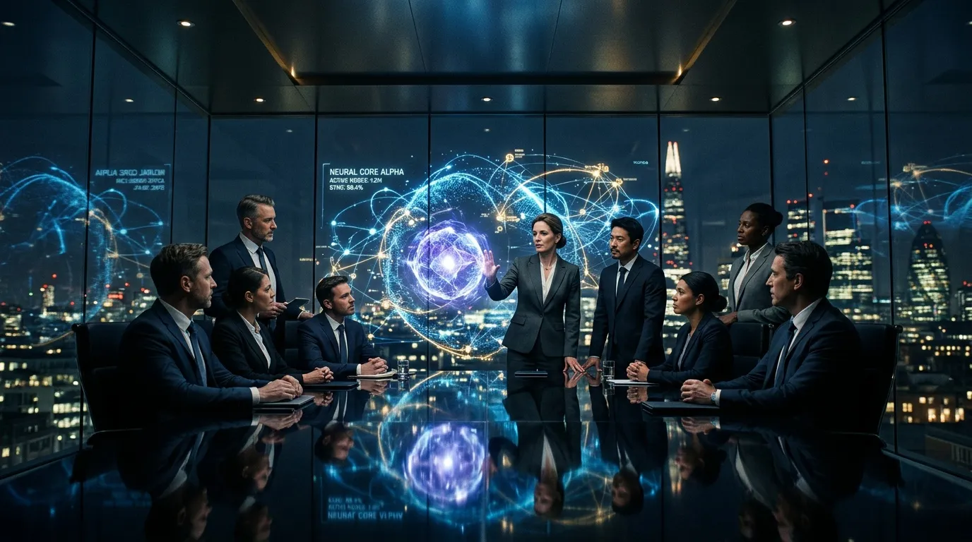 Équipe professionnelle discutant autour d'une projection holographique de réseau neural
