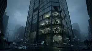 Immenses robots debout dans rue urbaine dystopique sombre