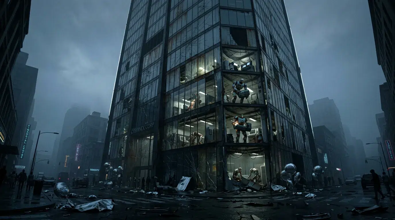 Immenses robots debout dans rue urbaine dystopique sombre