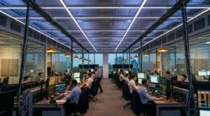 Bureau ouvert avec traders travaillant sur ordinateurs, éclairage bleu moderne