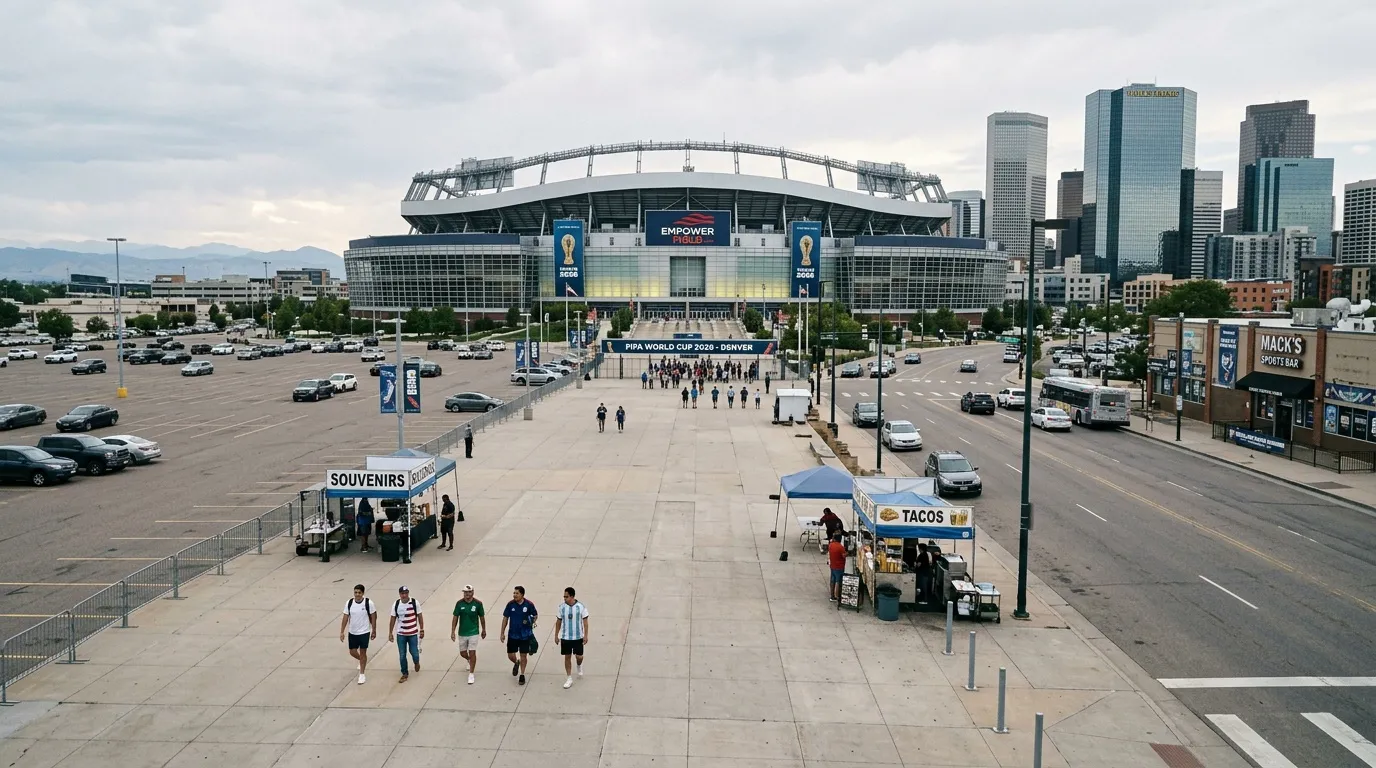 Grand stade moderne avec parking, boutiques souvenirs et supporters