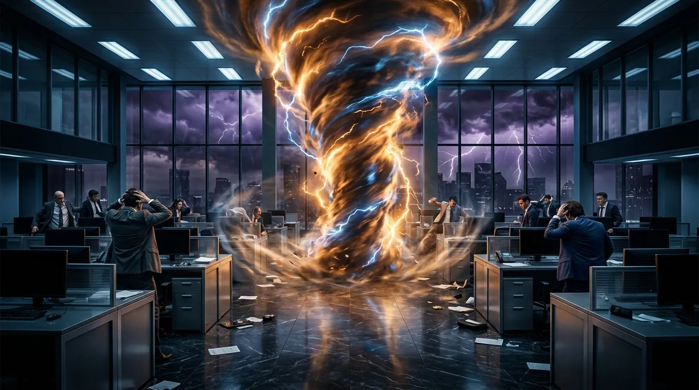 Bureau moderne ravagé par une tornade électrique spectaculaire