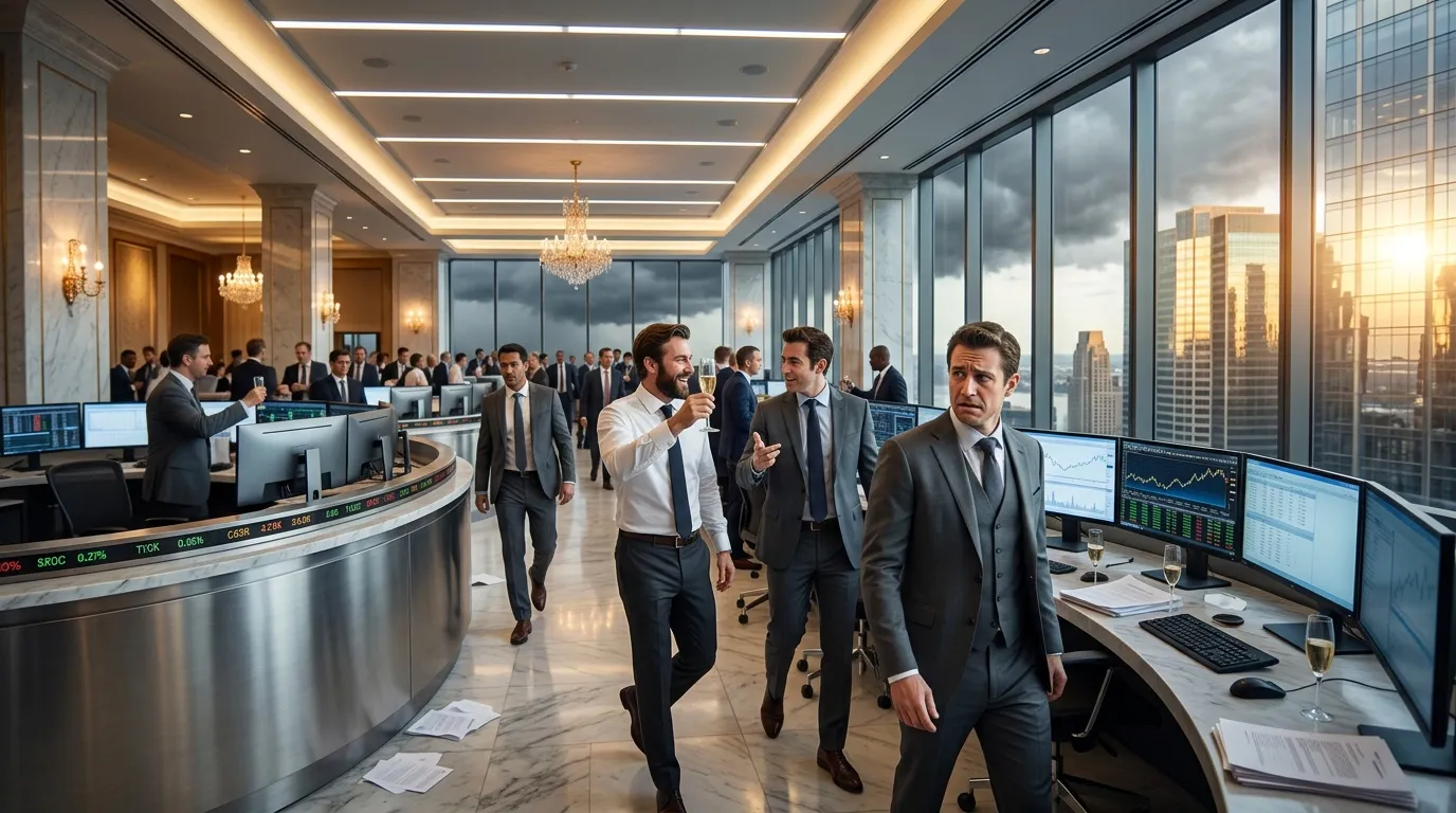 Professionnels en costumes dans bureau moderne avec écrans financiers